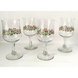 4 Christmas Red Ribbon Holly Wine Glasses Drinking Glasses Tumblers Libbey